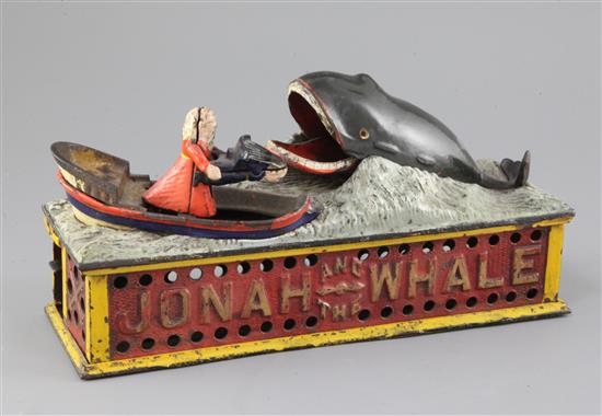 A cast iron Jonah and the whale mechanical money bank, by Shepard Hardware, c.1890, 10.25in.